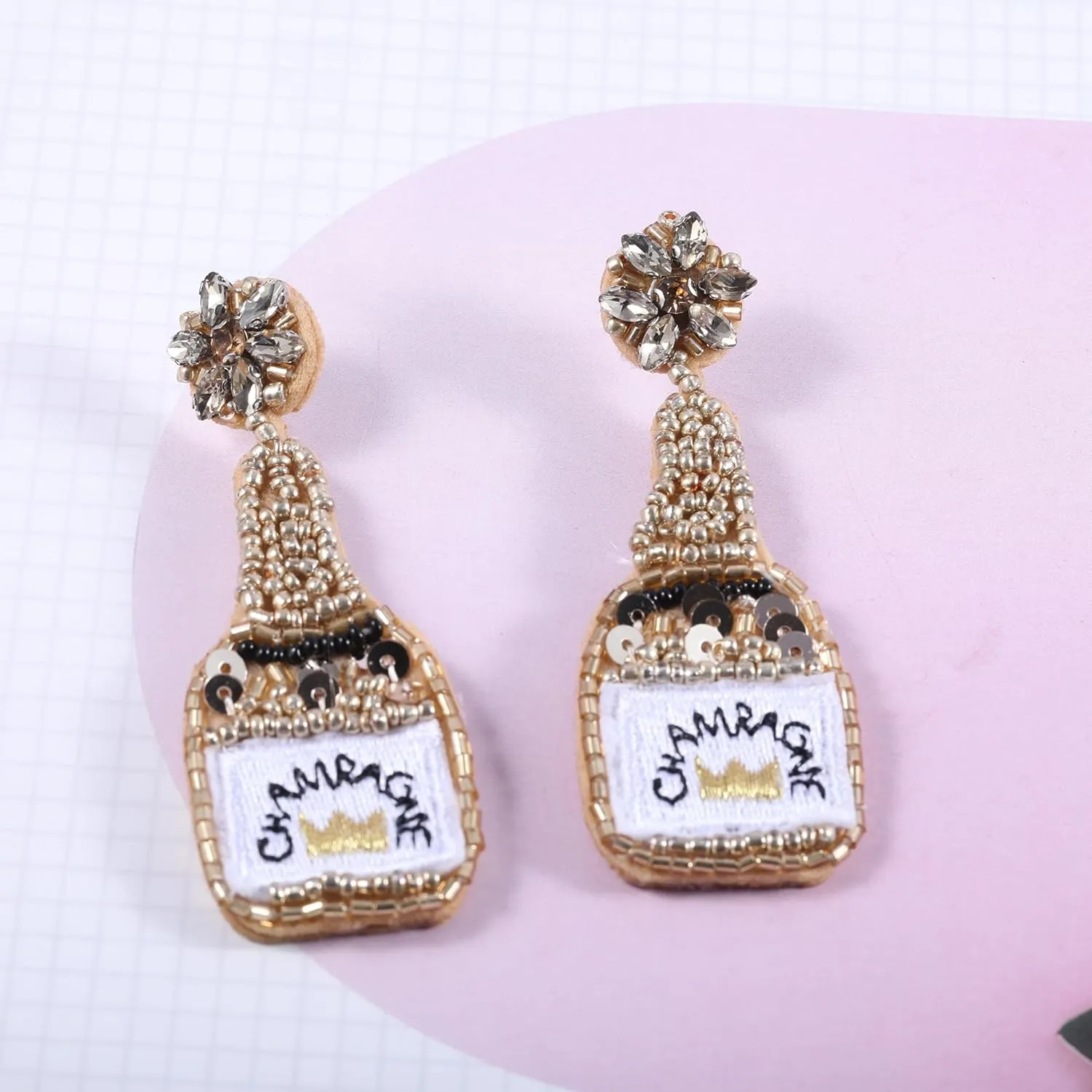 Champagne Fun Earrings Dangling 2 Pairs, Novelty Fashion Funky Champagne Wine Bottle Alcohol Rhinestone Earrings Parties Wedding Birthday Gifts for Women Yellow