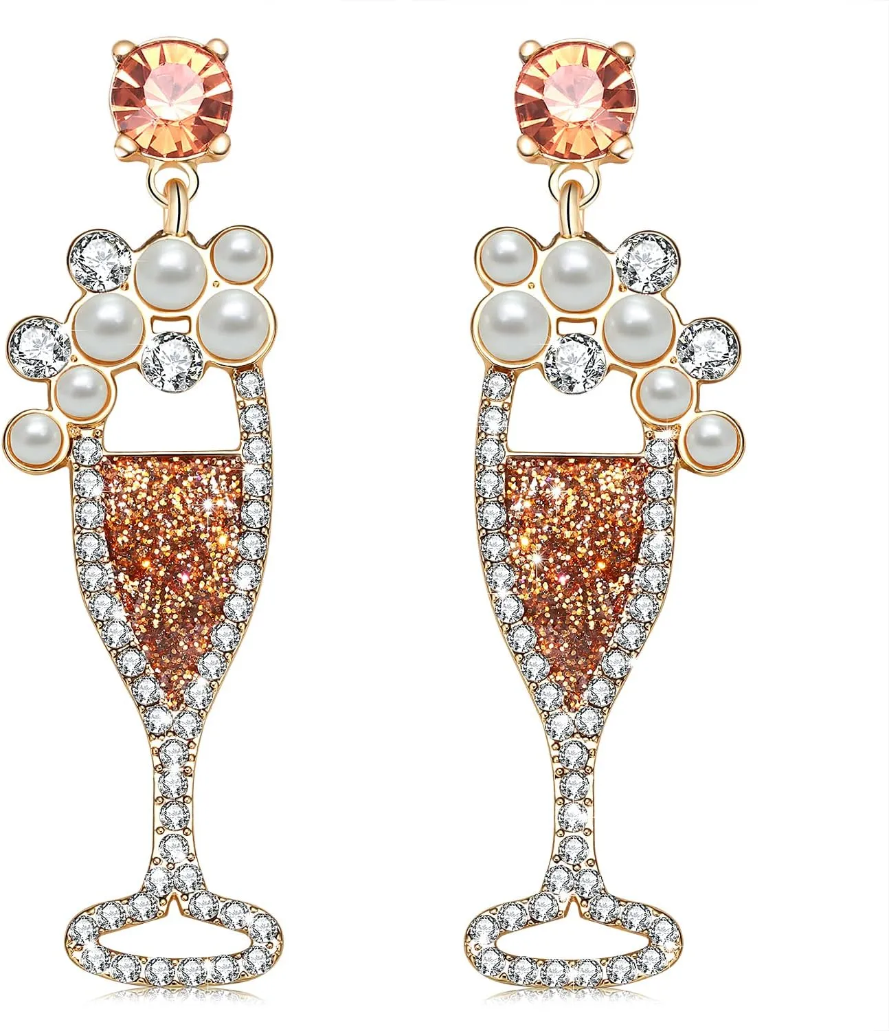 Champagne Wine Glass Earrings for Women Glitter Rhinestone Champagne Flute Earrings Pearl Beaded Dangle Drop Earrings for Party Holiday Celebration Gifts