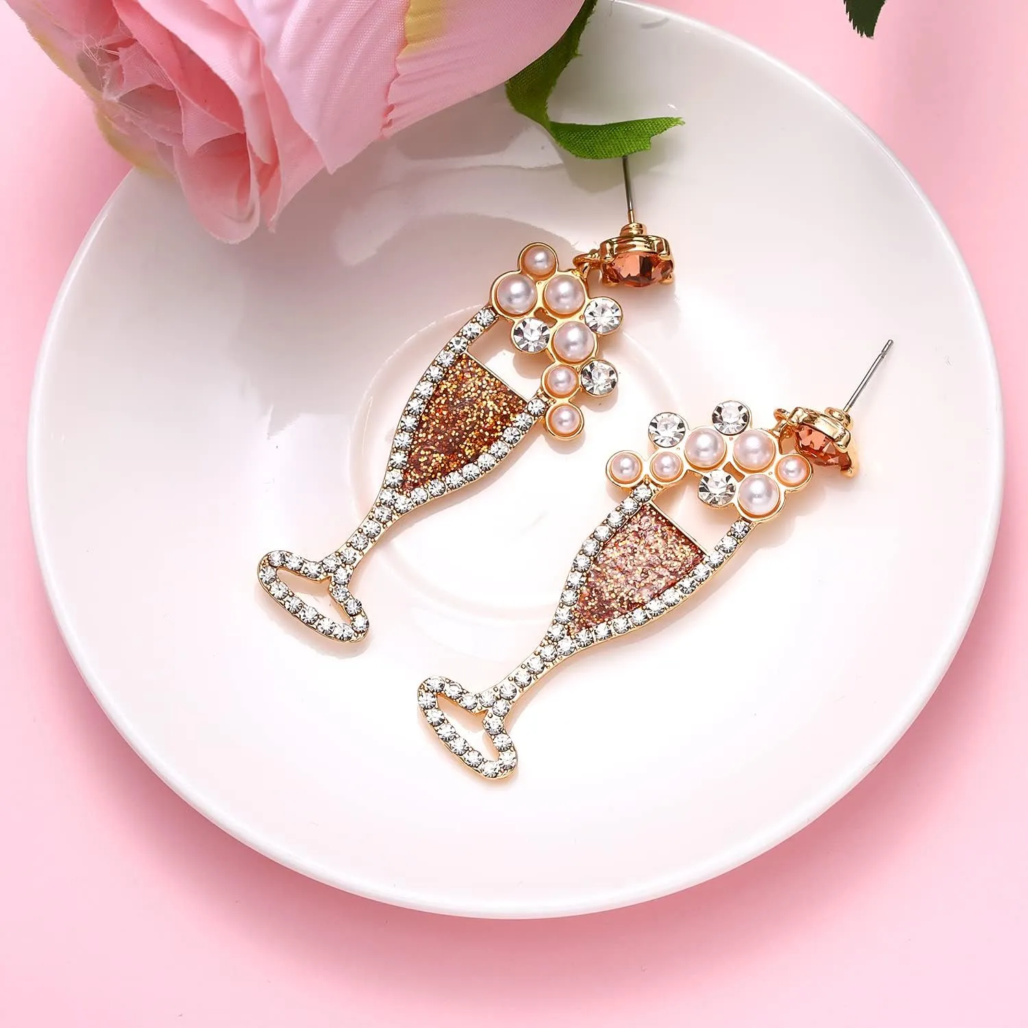 Champagne Wine Glass Earrings for Women Glitter Rhinestone Champagne Flute Earrings Pearl Beaded Dangle Drop Earrings for Party Holiday Celebration Gifts