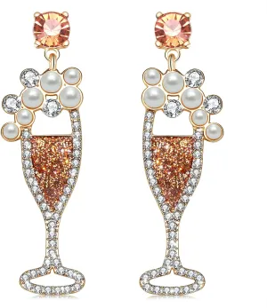 Champagne Wine Glass Earrings for Women Glitter Rhinestone Champagne Flute Earrings Pearl Beaded Dangle Drop Earrings for Party Holiday Celebration Gifts