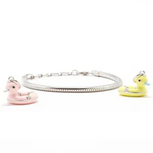Charm Bracelet in 925 Sterling Silver <br> <span style="font-size: 11px; font-family:Helvetica,Arial,sans-serif;">Pink/Yellow Enamel Duck Charm </span>