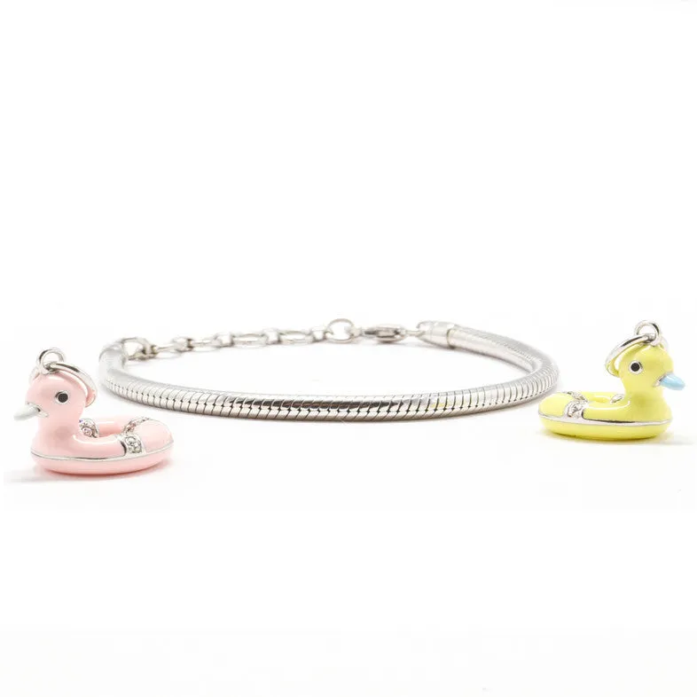 Charm Bracelet in 925 Sterling Silver <br> <span style="font-size: 11px; font-family:Helvetica,Arial,sans-serif;">Pink/Yellow Enamel Duck Charm </span>