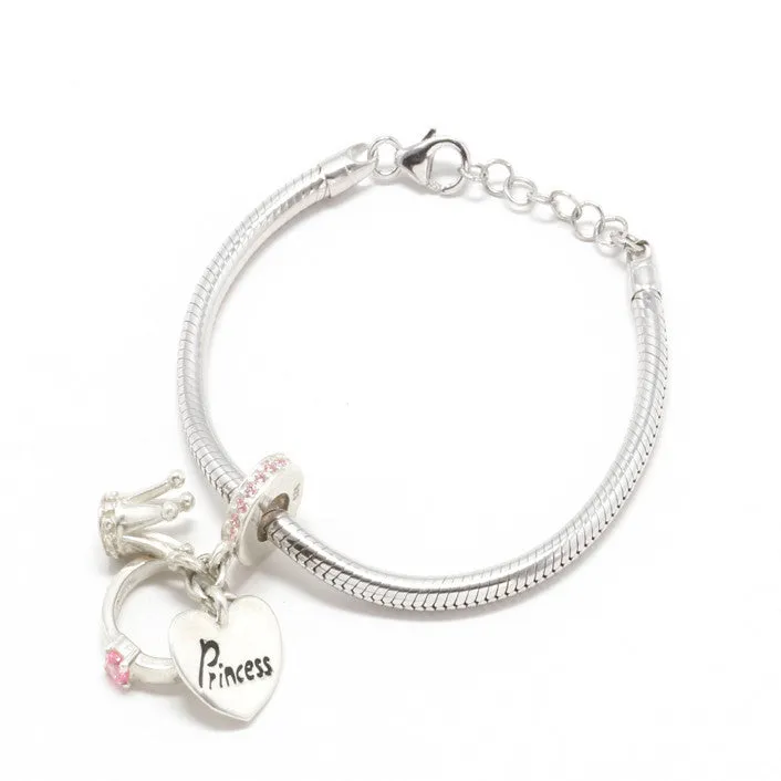 Charm Bracelet in 925 Sterling Silver <br> <span style="font-size: 11px; font-family:Helvetica,Arial,sans-serif;">Princess Charm with Ring & Crown </span>