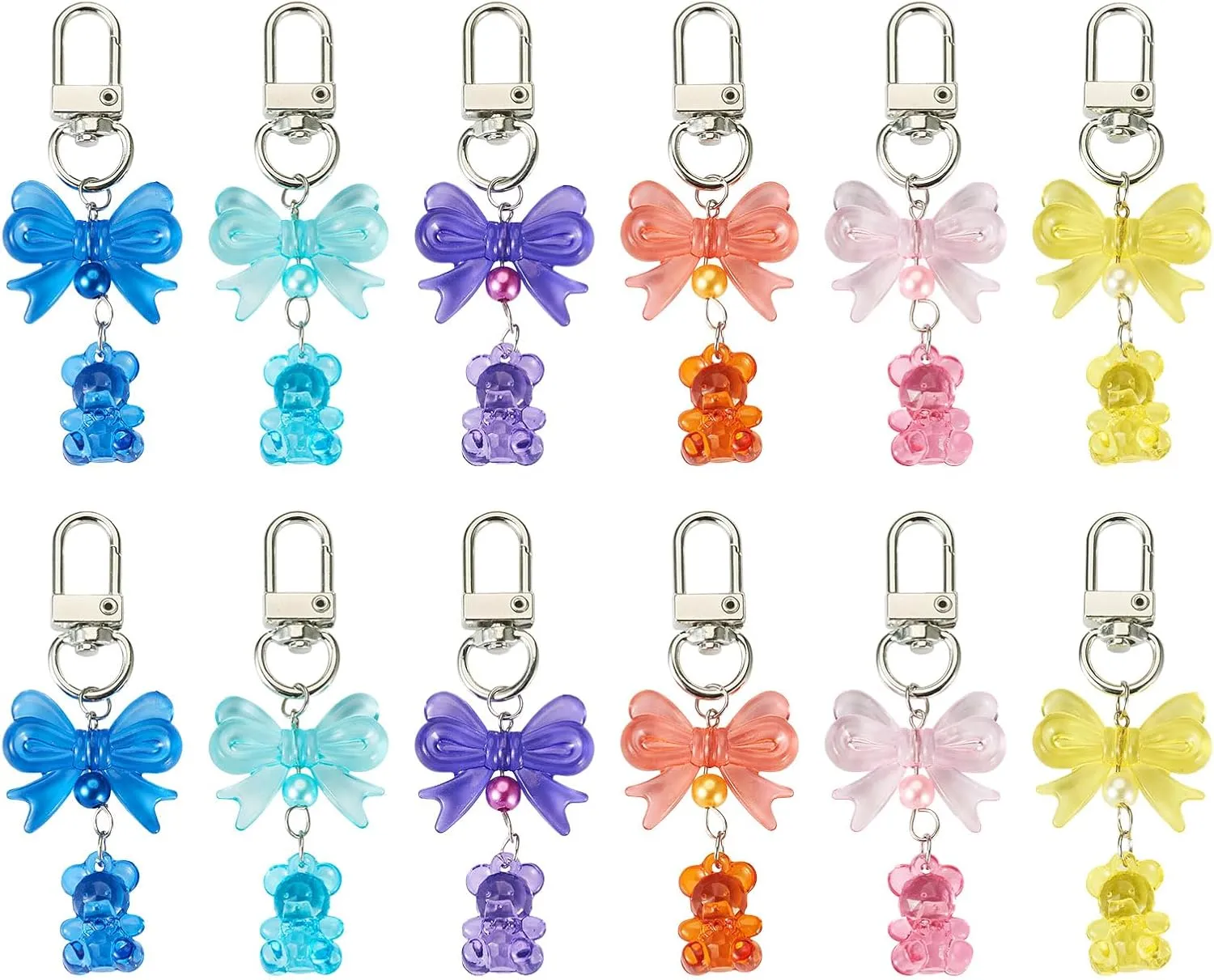 Cheriswelry 12pcs Bear Bowknot Pendant Keychain Car Key Chain Bag Charms Cute Transparent Acrylic Keychain Key Ring Holder Purse Handbag Pendant Lanyard Ornament for Keys Bag Purse