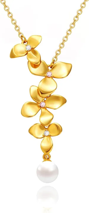 Cicy Bell Floral Pendant Necklace for Women Trendy 18k Gold Plated Shell Pearl Cubic Zirconia Dainty Long Y Necklace Jewelry Gifts