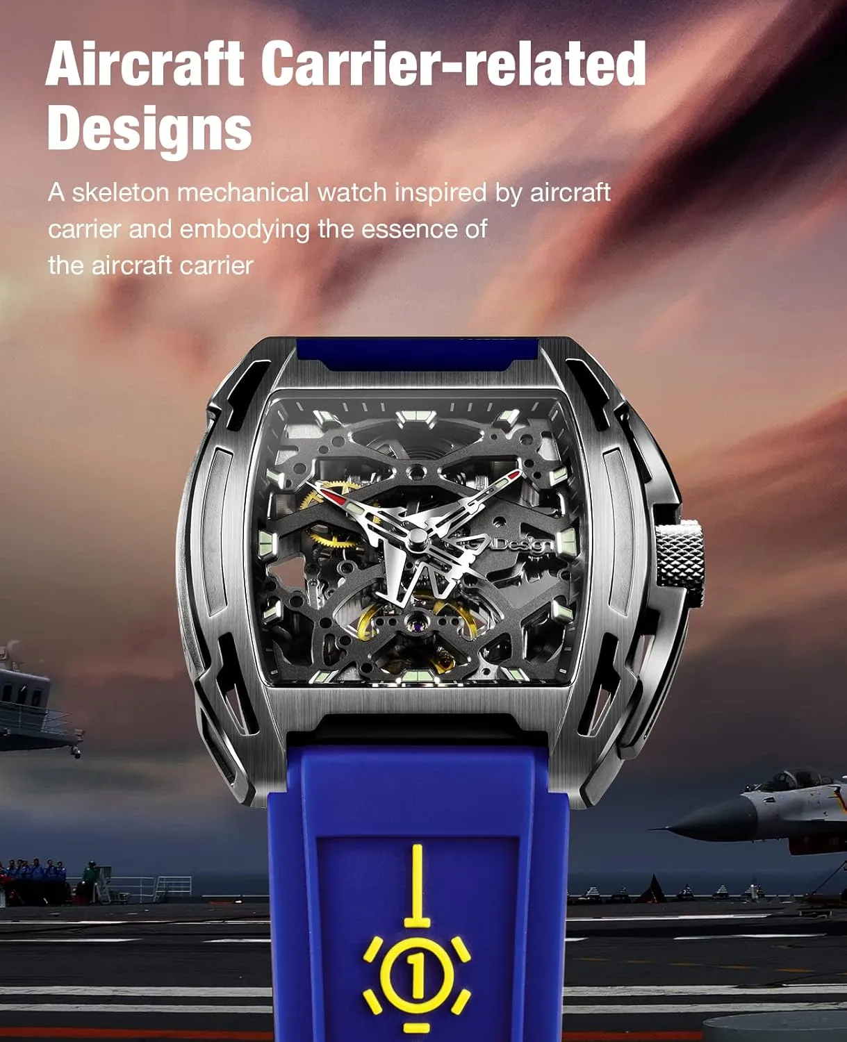 CIGA Design Z Series - Aircraft Carrier Version Automatic Mechanical Watch, Aircraft Shape Pointer Titanium Case Skeleton Tonneau Sapphire Crystal Wrist Watch with Aircraft Carrier Runway Strap