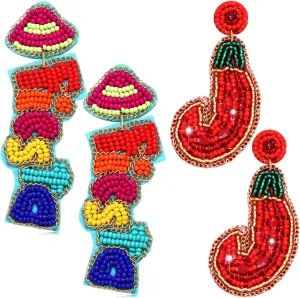 Cinco De Mayo Earrings for Women Beaded Rhinestone Cinco De Mayo Dangle Earrings Handmade Fun Fiesta Hat Letter Earrings Red Mexican Chili Pepper Drop Dangling Earrings Mexico Festive Party Jewelry Gift