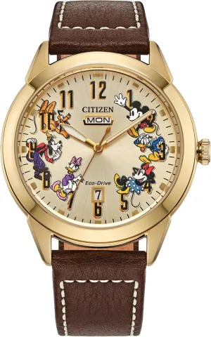 Citizen Men's Eco-Drive Disney Mickey Mouse & Friends, Gold Tone Stainless Steel Watch, Brown Leather Strap, 3 Hand, (Model: AW0093-044)
