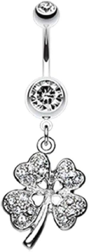 Classic Four Leaf Clover Sparkle Belly Button Ring