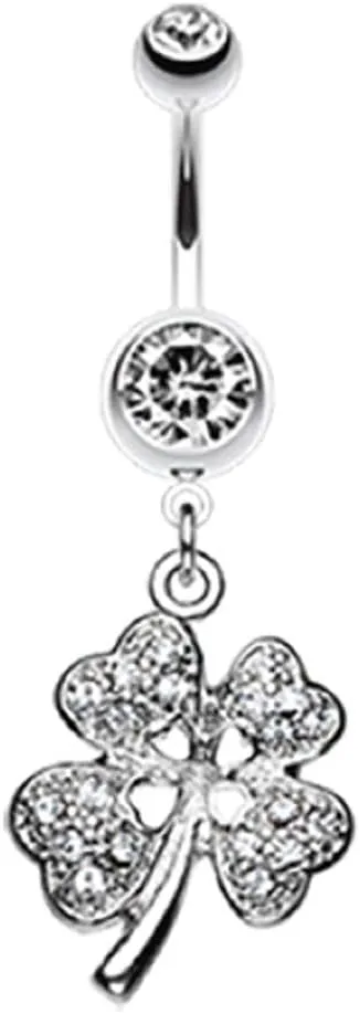 Classic Four Leaf Clover Sparkle Belly Button Ring