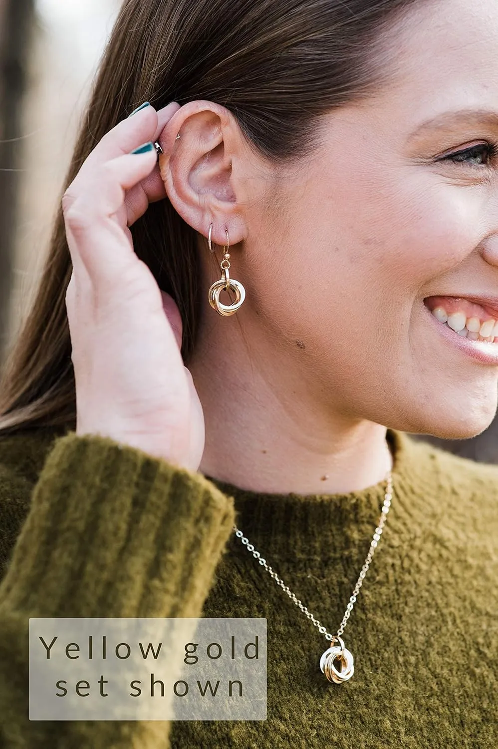Classy 14K Yellow Gold-Filled Simple Circle Love Knot Jewelry Gift Set Idea for Minimalist Women with Dangle Earrings and 20 Inch Pendant Necklace on Chain (French Wire)