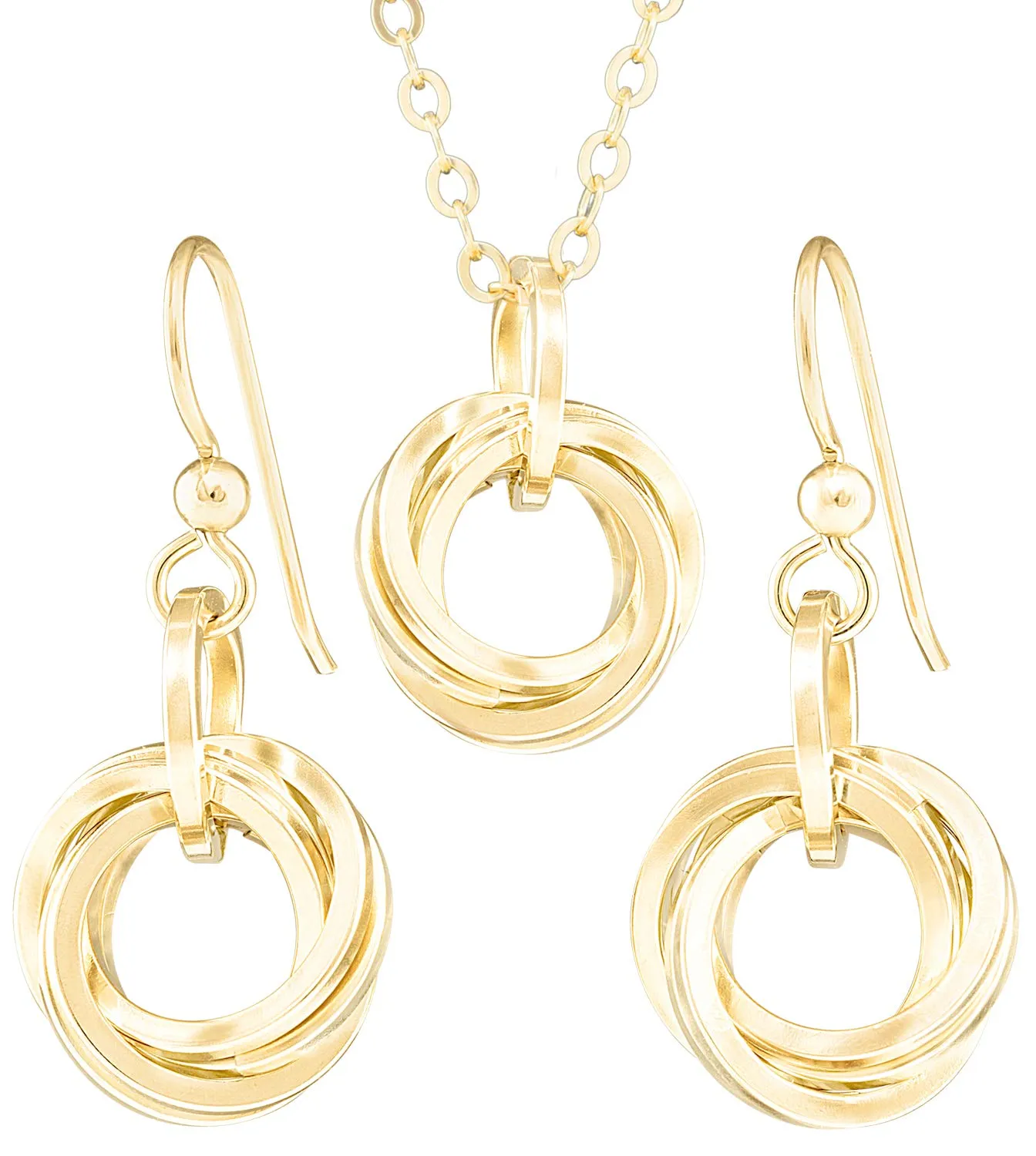 Classy 14K Yellow Gold-Filled Simple Circle Love Knot Jewelry Gift Set Idea for Minimalist Women with Dangle Earrings and 20 Inch Pendant Necklace on Chain (French Wire)