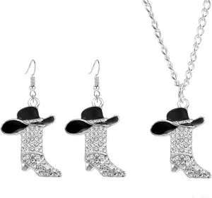 coadipress Western Boots Necklace Earrings Set for Women Dainty Handmade Rhinestone Cowboy Hat Tassel Boot Drop Dangle Earrings Concert Party Cowboy Outfits Jewelry