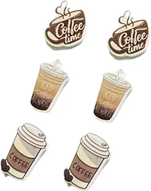 Coffee Lover Stud Earrings Set, 3 Pairs, Coffee Time Logo and Cup Designs