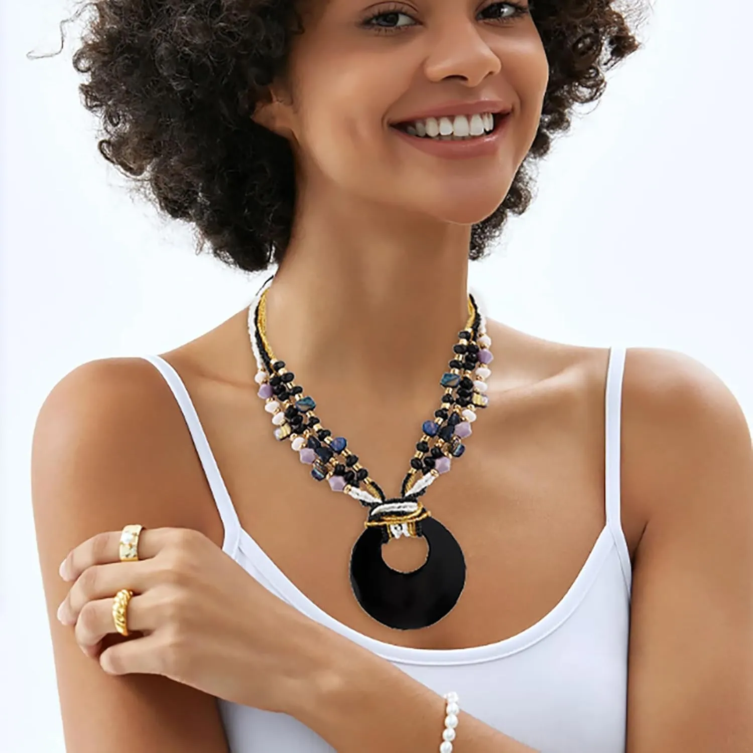 Coiris Shell Pendant Statement Strand Necklace for Women Boho Multi Beads Natural Stone Colorful Necklace Bohemian Handmade Chunky Shell Beaded Collar Jewelry for Women