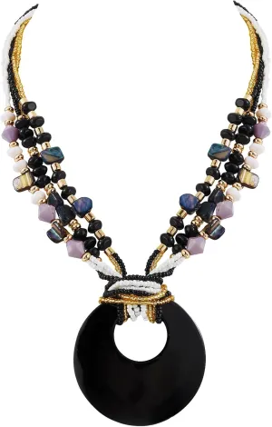 Coiris Shell Pendant Statement Strand Necklace for Women Boho Multi Beads Natural Stone Colorful Necklace Bohemian Handmade Chunky Shell Beaded Collar Jewelry for Women