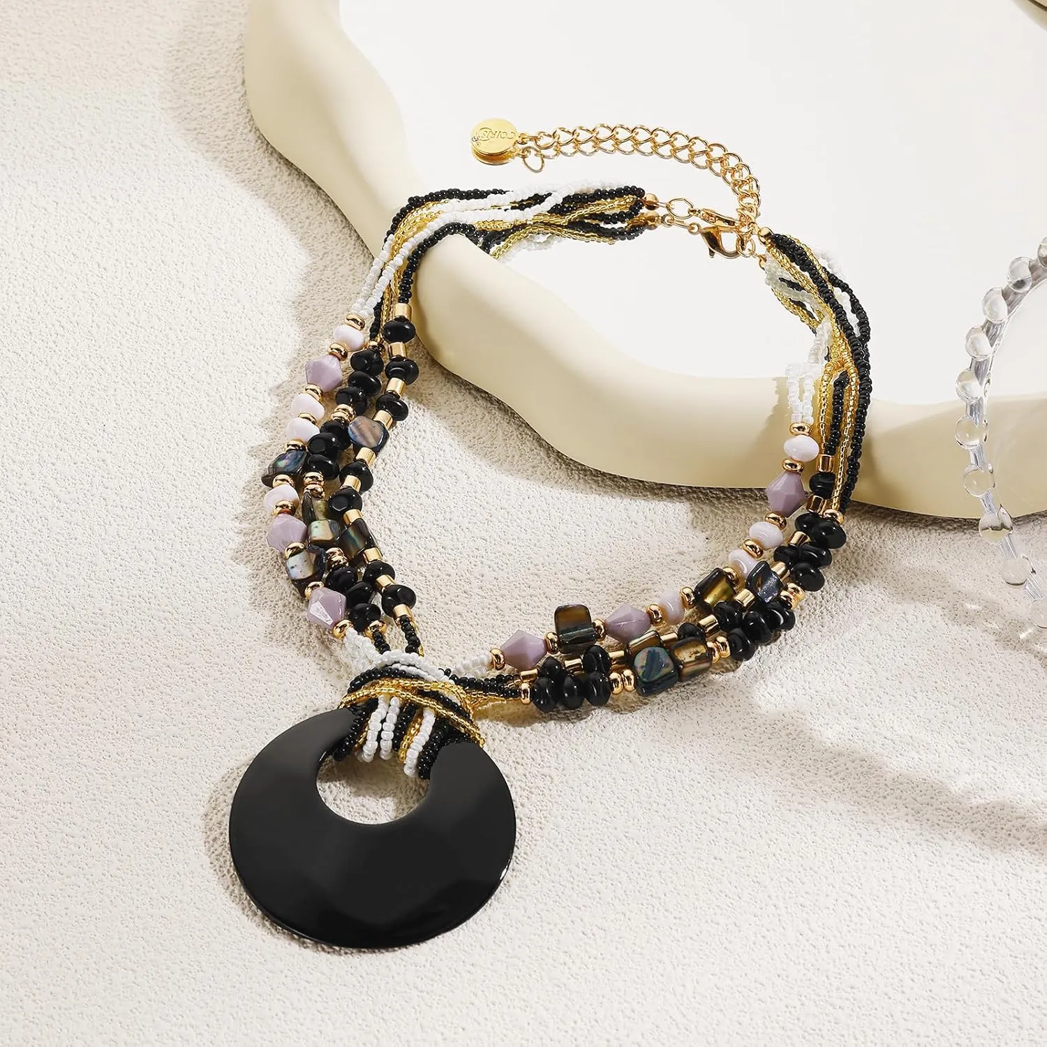 Coiris Shell Pendant Statement Strand Necklace for Women Boho Multi Beads Natural Stone Colorful Necklace Bohemian Handmade Chunky Shell Beaded Collar Jewelry for Women