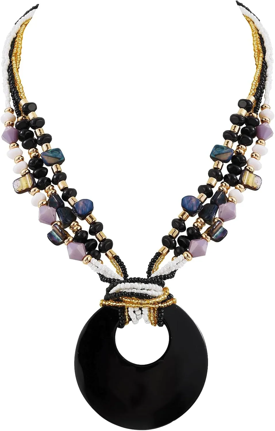 Coiris Shell Pendant Statement Strand Necklace for Women Boho Multi Beads Natural Stone Colorful Necklace Bohemian Handmade Chunky Shell Beaded Collar Jewelry for Women