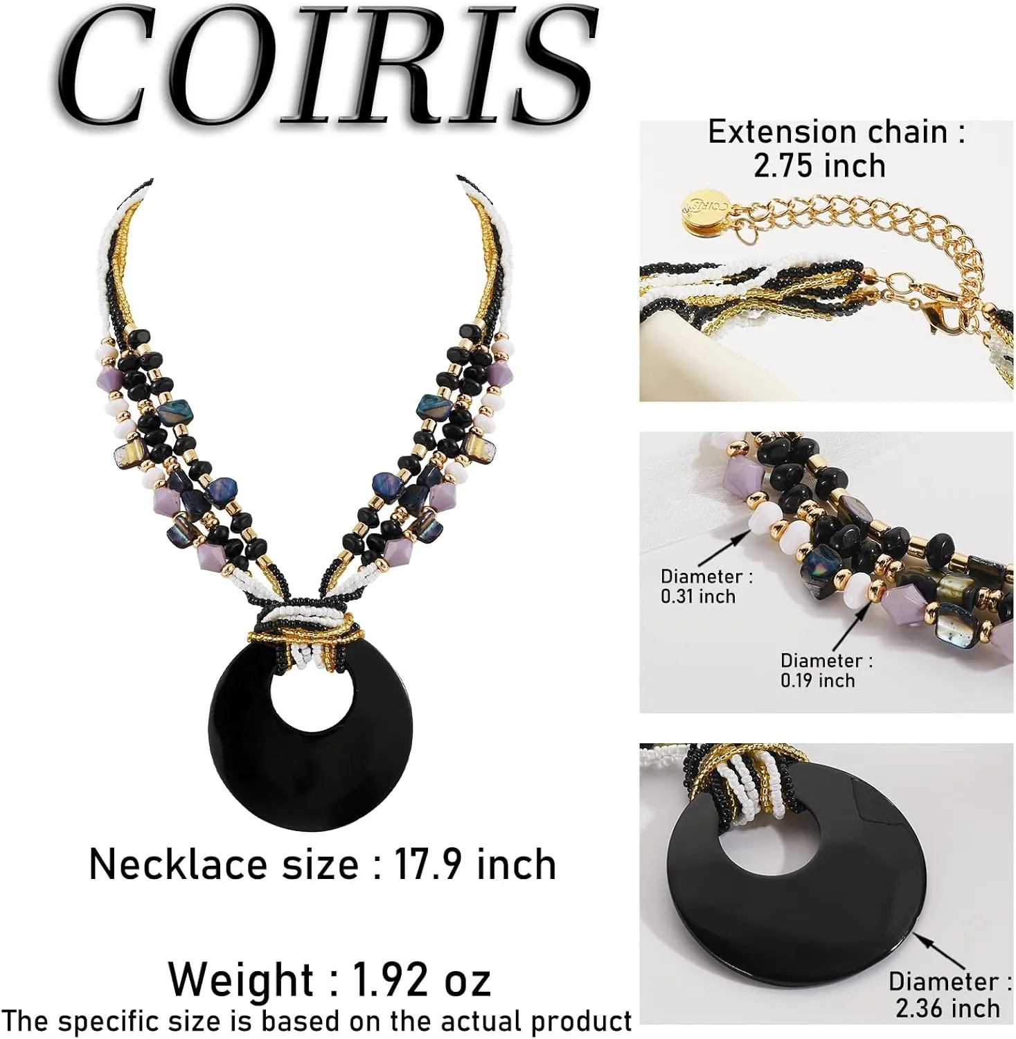 Coiris Shell Pendant Statement Strand Necklace for Women Boho Multi Beads Natural Stone Colorful Necklace Bohemian Handmade Chunky Shell Beaded Collar Jewelry for Women