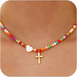 Colorful Beaded Cross Necklace for Girl Women, Graduation First Communion Confirmation Baptism Christian Religious Catholic Jewelry Gifts for Teen Girl 15 2 Inches