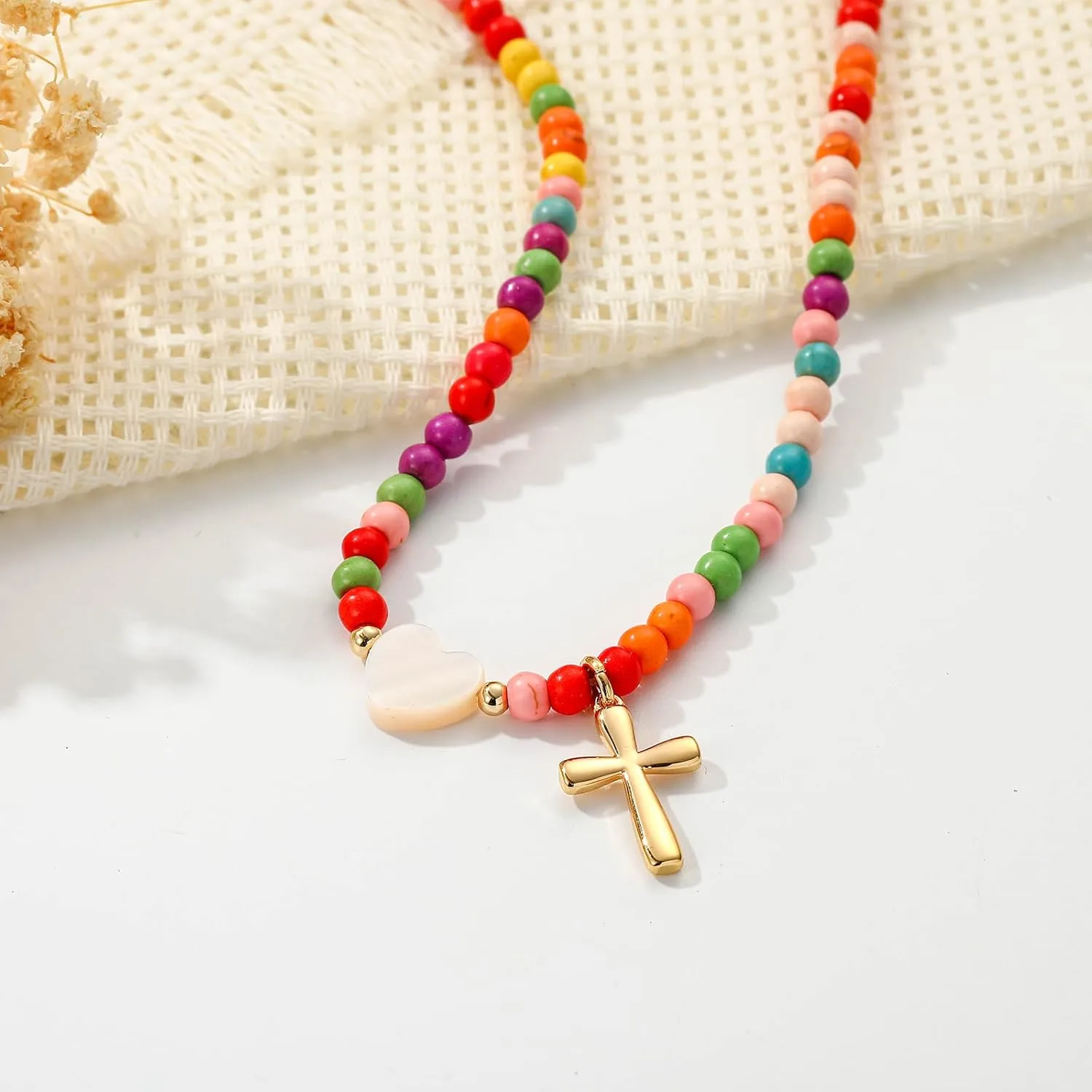 Colorful Beaded Cross Necklace for Girl Women, Graduation First Communion Confirmation Baptism Christian Religious Catholic Jewelry Gifts for Teen Girl 15 2 Inches