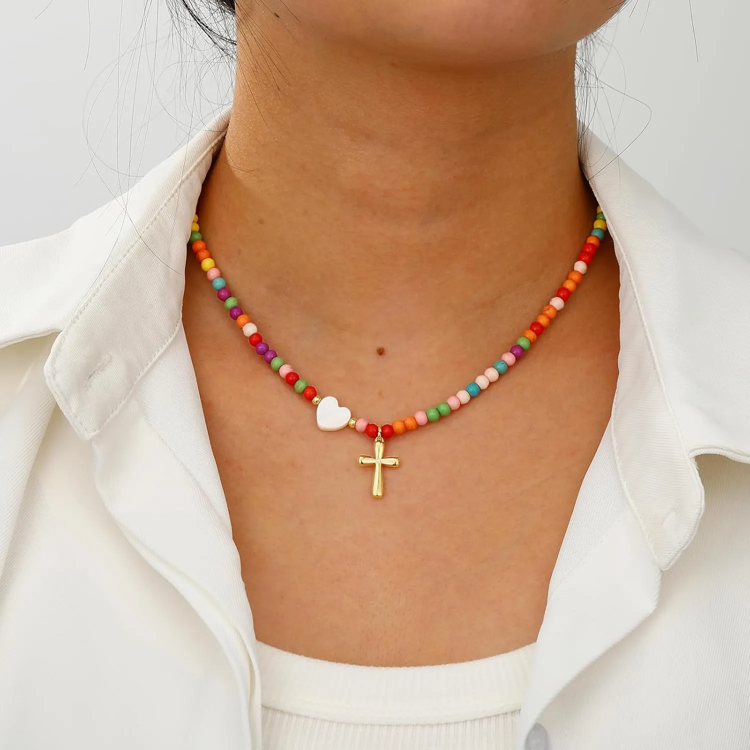 Colorful Beaded Cross Necklace for Girl Women, Graduation First Communion Confirmation Baptism Christian Religious Catholic Jewelry Gifts for Teen Girl 15 2 Inches