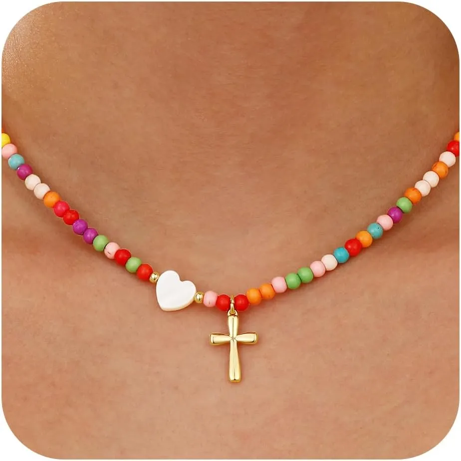 Colorful Beaded Cross Necklace for Girl Women, Graduation First Communion Confirmation Baptism Christian Religious Catholic Jewelry Gifts for Teen Girl 15 2 Inches