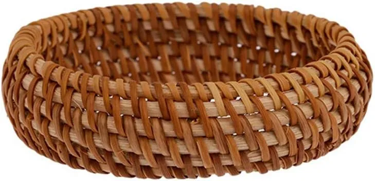 COLORFUL BLING 2Pcs Handwoven Wooden Braided Rattan Knit Cuff Bracelet Natural Bamboo Square Round Geometric Chunky Wrap Bangle for Women Ethnic Tribal Wrist Jewelry