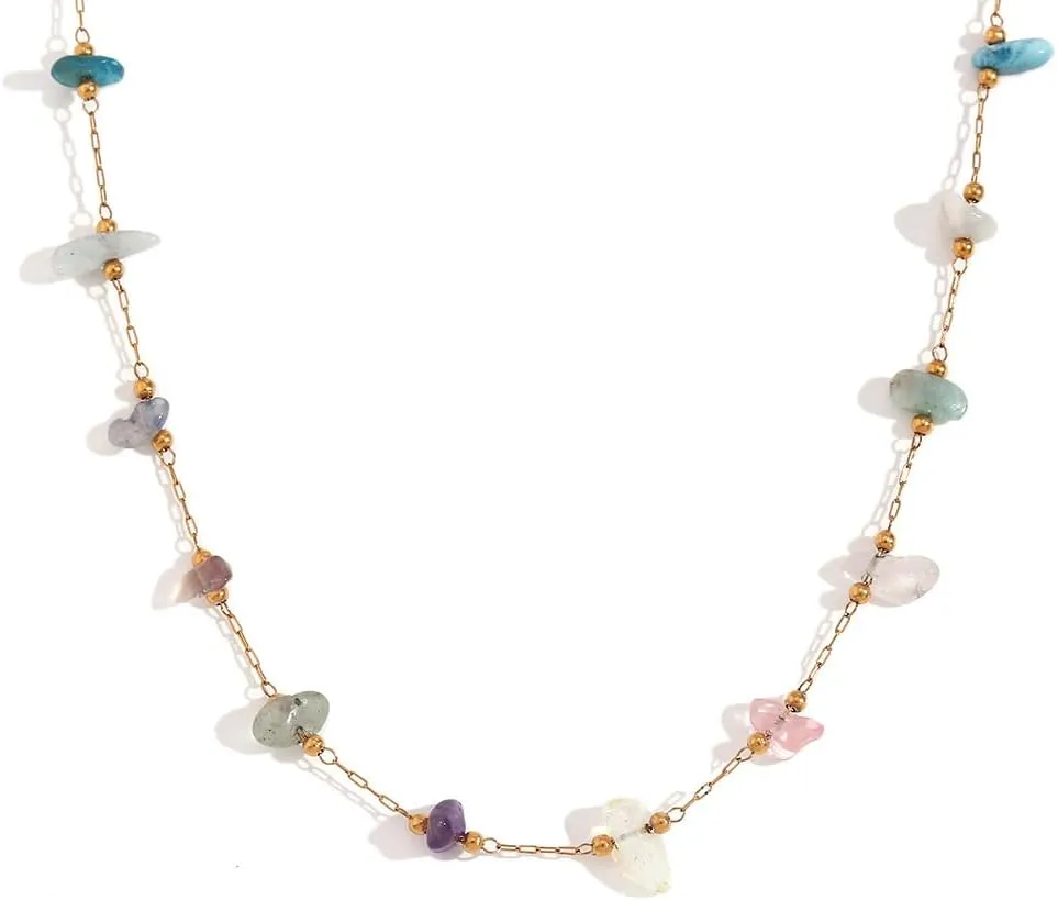 Colorful Natural Stone Stainless Steel Choker Necklace for Women Irregular Gemstone 18k Golden Plated Beaded Ball Adjustable Chain 16 Inches Necklaces Boho Jewelry Gifts