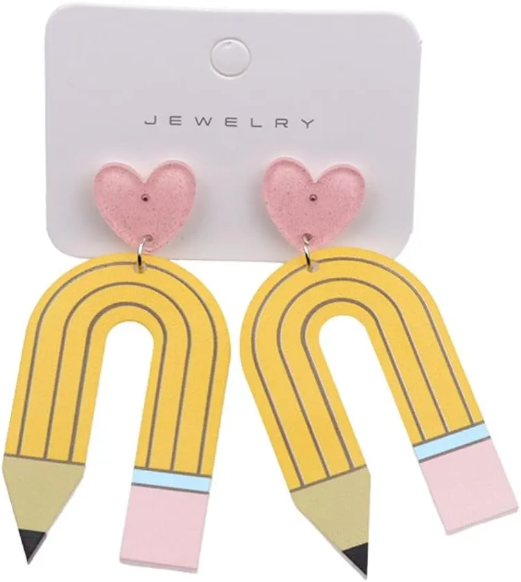 Colorful Pencil Earrings Acrylic Heart Pencil Dangle Earrings Creative Cute Earrings Teachers Students Back to School Jewelry Gift for Women