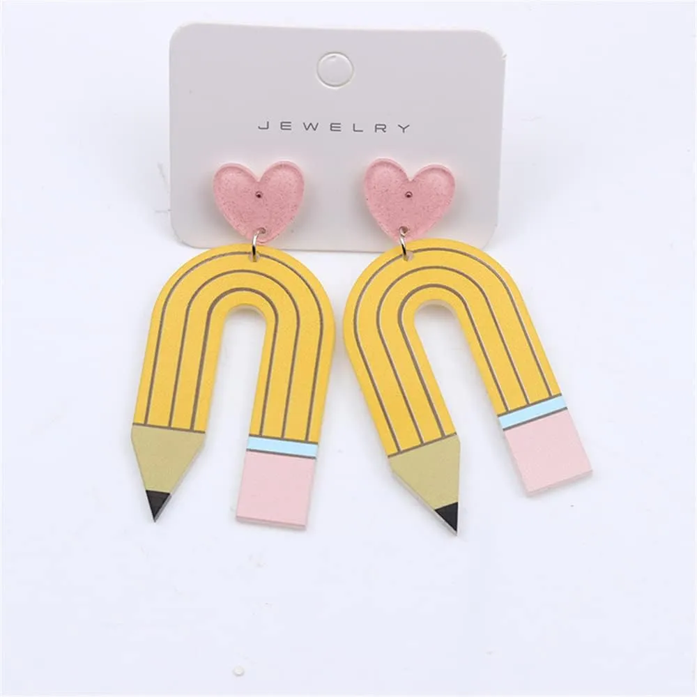 Colorful Pencil Earrings Acrylic Heart Pencil Dangle Earrings Creative Cute Earrings Teachers Students Back to School Jewelry Gift for Women