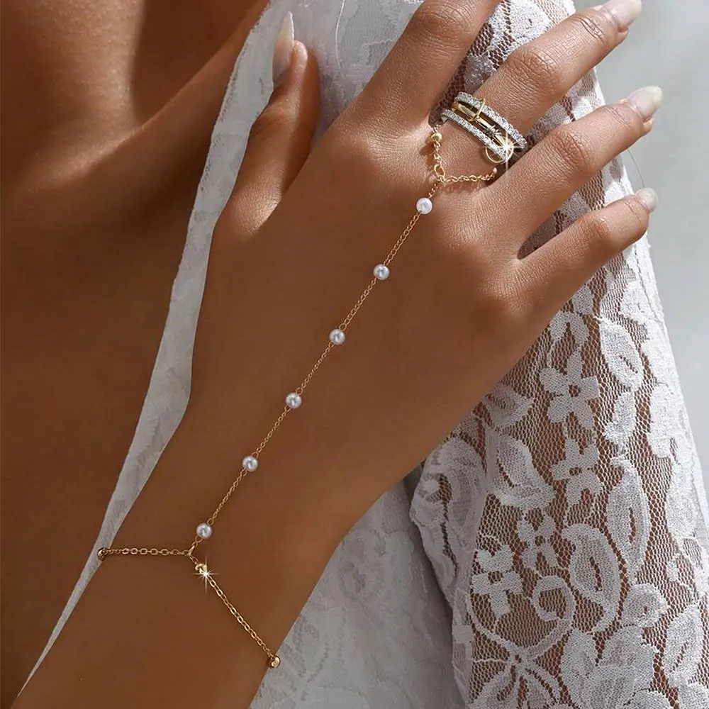COLOYAN Gold Hand Chain Bracelets Rings Set for Women 14K Gold Plated Dainty Faux Pearl Link Chain Cubic Zirconia Finger Ring Jewelry Set