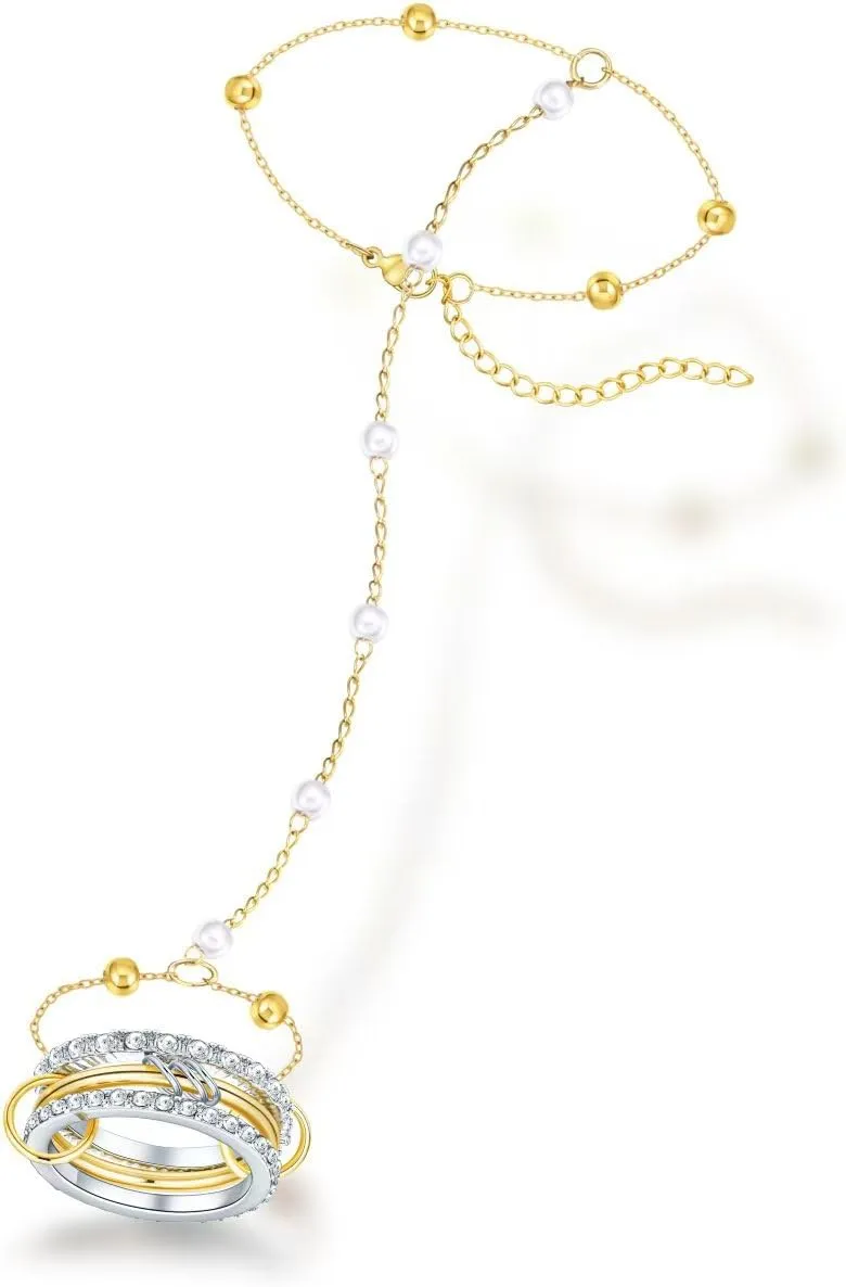 COLOYAN Gold Hand Chain Bracelets Rings Set for Women 14K Gold Plated Dainty Faux Pearl Link Chain Cubic Zirconia Finger Ring Jewelry Set