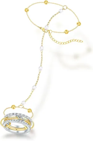 COLOYAN Gold Hand Chain Bracelets Rings Set for Women 14K Gold Plated Dainty Faux Pearl Link Chain Cubic Zirconia Finger Ring Jewelry Set