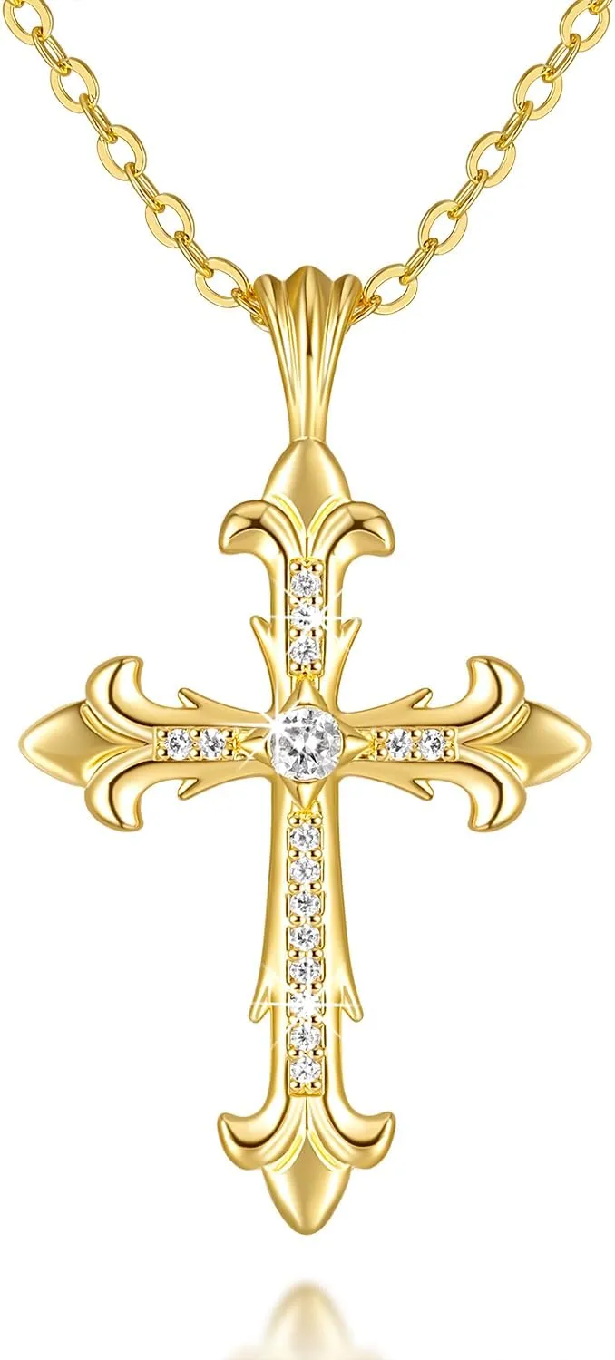 Cossa 14K Gold Cross Necklace for Womens Cross Necklace for Men Pendant Elegant Baroque Style Gold Chain CZ Stones 43 6cm