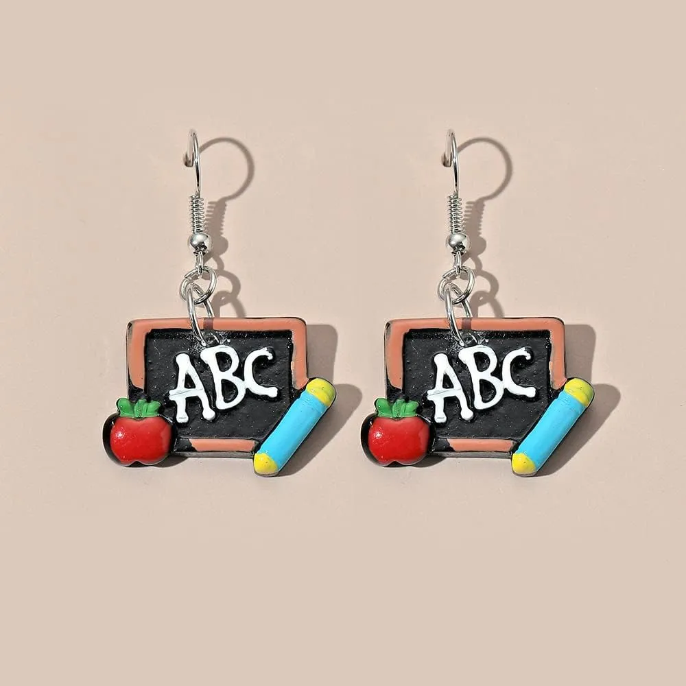 Creative Blackboard Book Pencil Ruler Dangle Earrings Funny Asymmetric Back to School Earrings for Women Student Teacher Graduation Jewelry Gifts