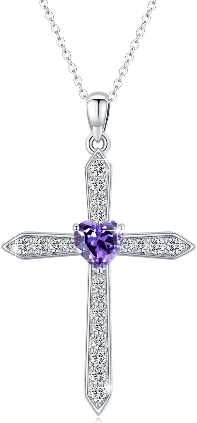 Cross Birthstone Necklace for Women Sterling Silver February Birthstone Necklace Pendant with CZ Purple Heart Necklace Crucifix Jewelry Gift for Mom Girls Halloween Christmas