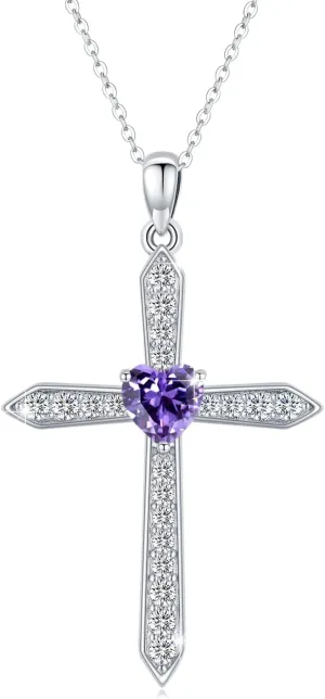 Cross Birthstone Necklace for Women Sterling Silver February Birthstone Necklace Pendant with CZ Purple Heart Necklace Crucifix Jewelry Gift for Mom Girls Halloween Christmas