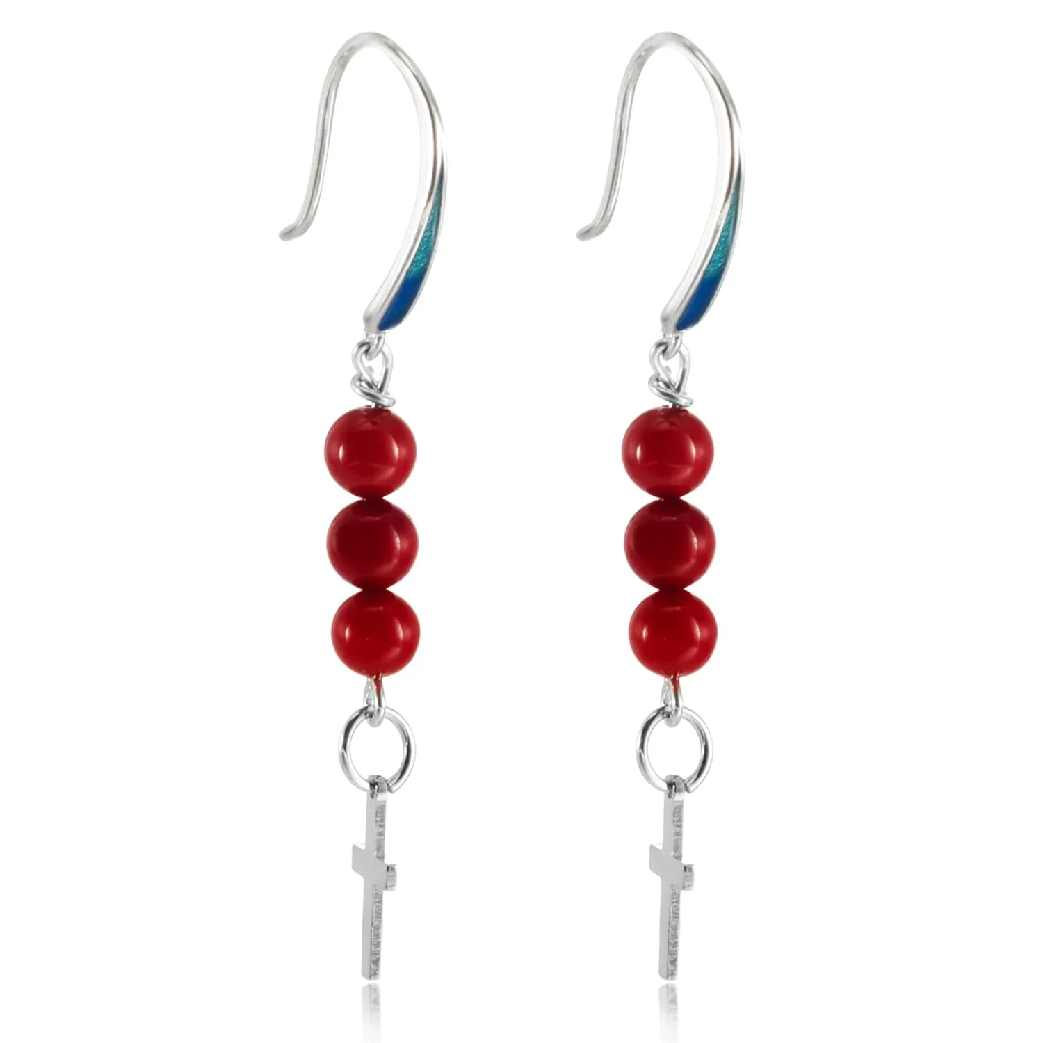 Cross Dangle Earrings for Women  925 Sterling Silver Red Coral & Enamel Drop Earrings, Handmade Christian Jewelry, Faith Gift for Girls, Teens & Women