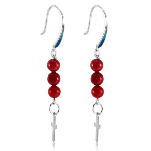 Cross Dangle Earrings for Women  925 Sterling Silver Red Coral & Enamel Drop Earrings, Handmade Christian Jewelry, Faith Gift for Girls, Teens & Women