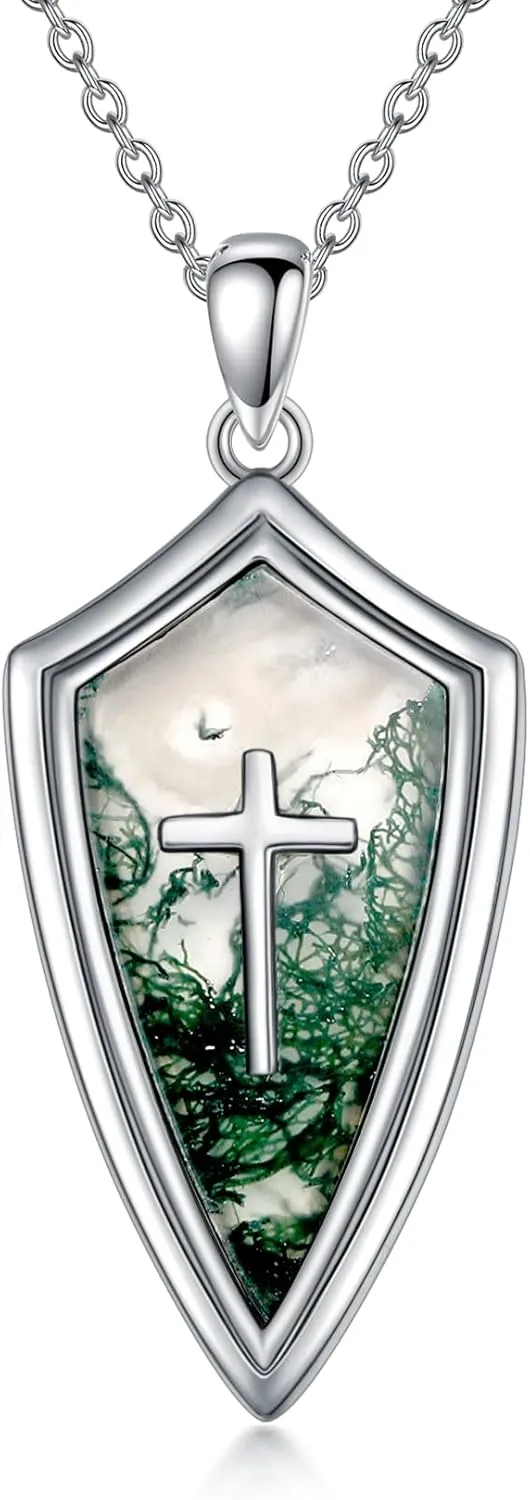 Cross Moss Agate Necklace for Women S925 Sterling Silver Cross Moss Agate Necklace for Women Handmade Cross Silver Pendant Fine Jewelry Gifts for Mothers Day Women Girlfriend Her