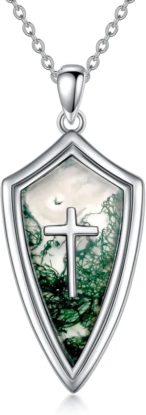 Cross Moss Agate Necklace for Women S925 Sterling Silver Cross Moss Agate Necklace for Women Handmade Cross Silver Pendant Fine Jewelry Gifts for Mothers Day Women Girlfriend Her