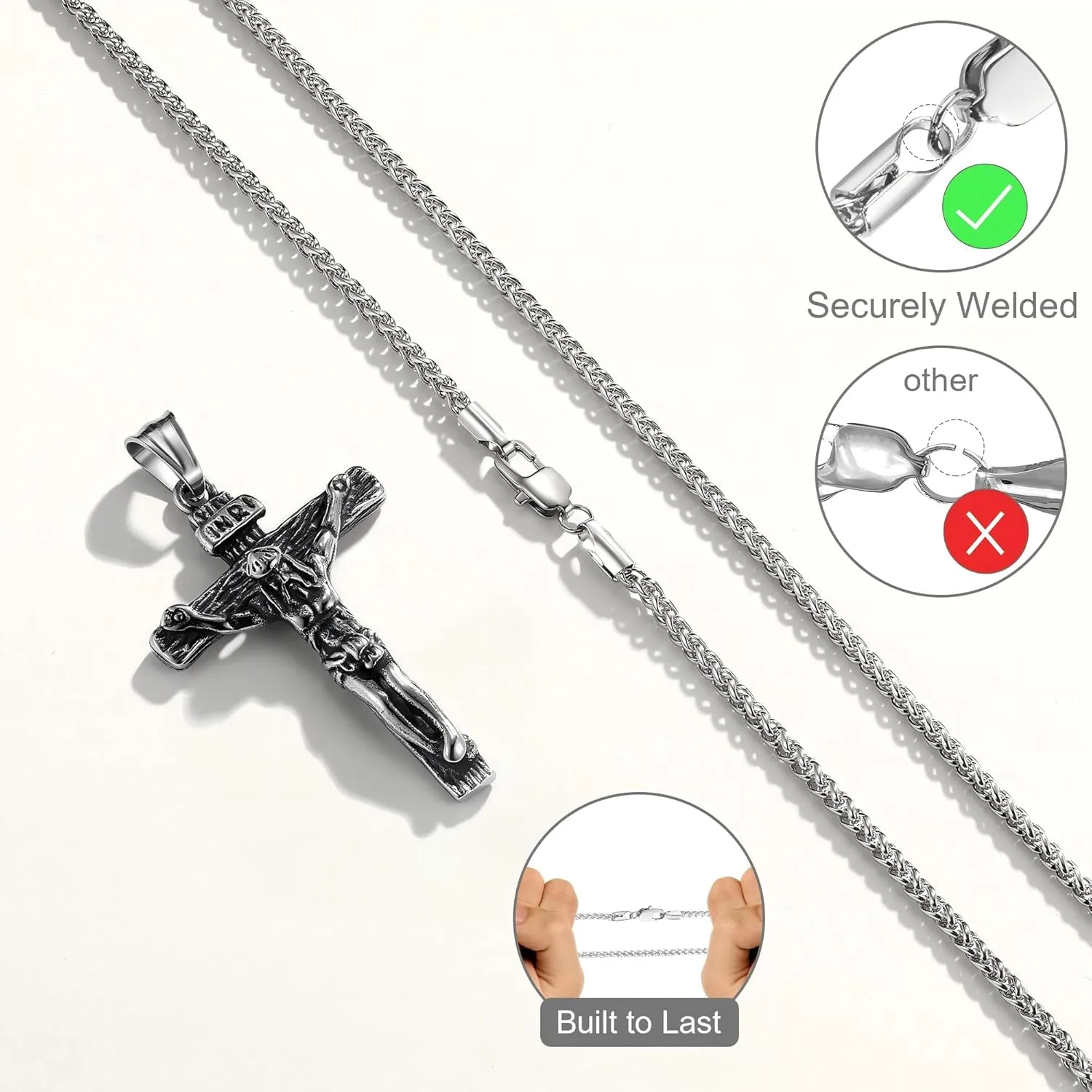 Cross Necklace for Men, Gold Stainless Steel Mens Cross Chain, Cubic Zirconia Cross Pendant Necklaces Christain Jewelry Gift Wheat Chain