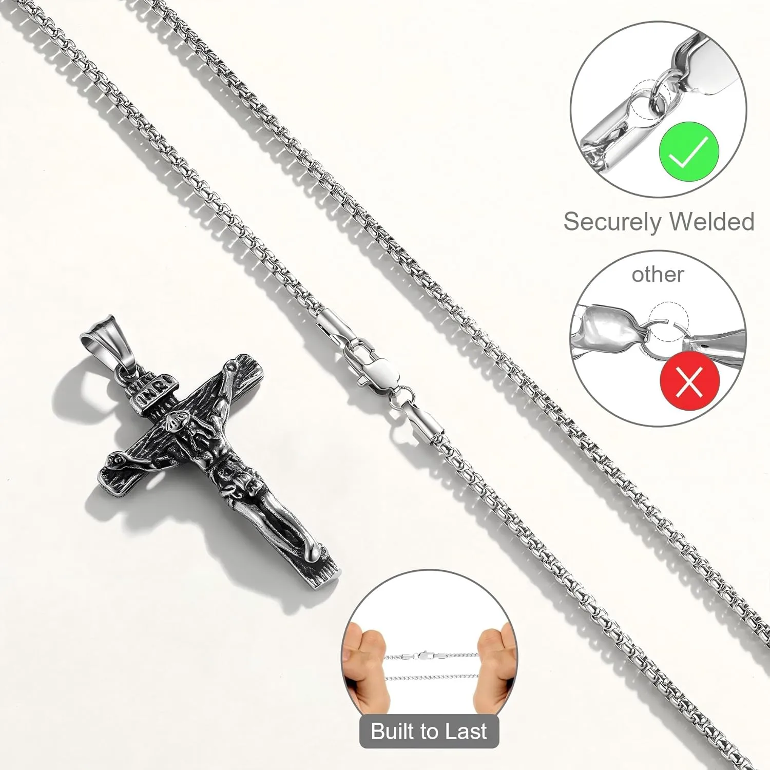 Cross Necklace for Men, Silver Gold Stainless Steel Mens Cross Chain, Cubic Zirconia Cross Pendant Necklaces Jewelry Gift Box Chain