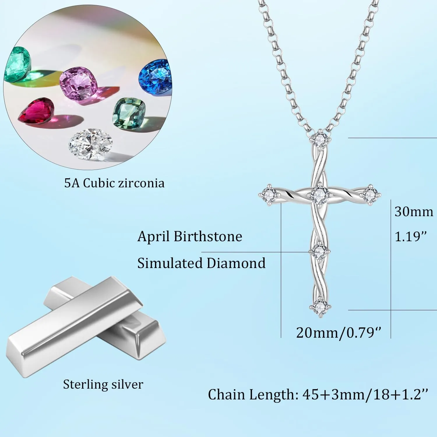 Cross Necklace for Women 925 Sterling Silver Birthstone Cross Pendant Necklaces Religious Christian Baptism Jewelry
