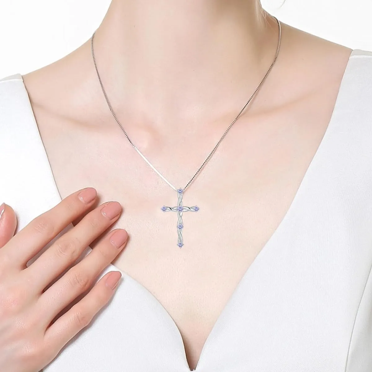 Cross Necklace for Women 925 Sterling Silver Birthstone Cross Pendant Necklaces Religious Christian Baptism Jewelry