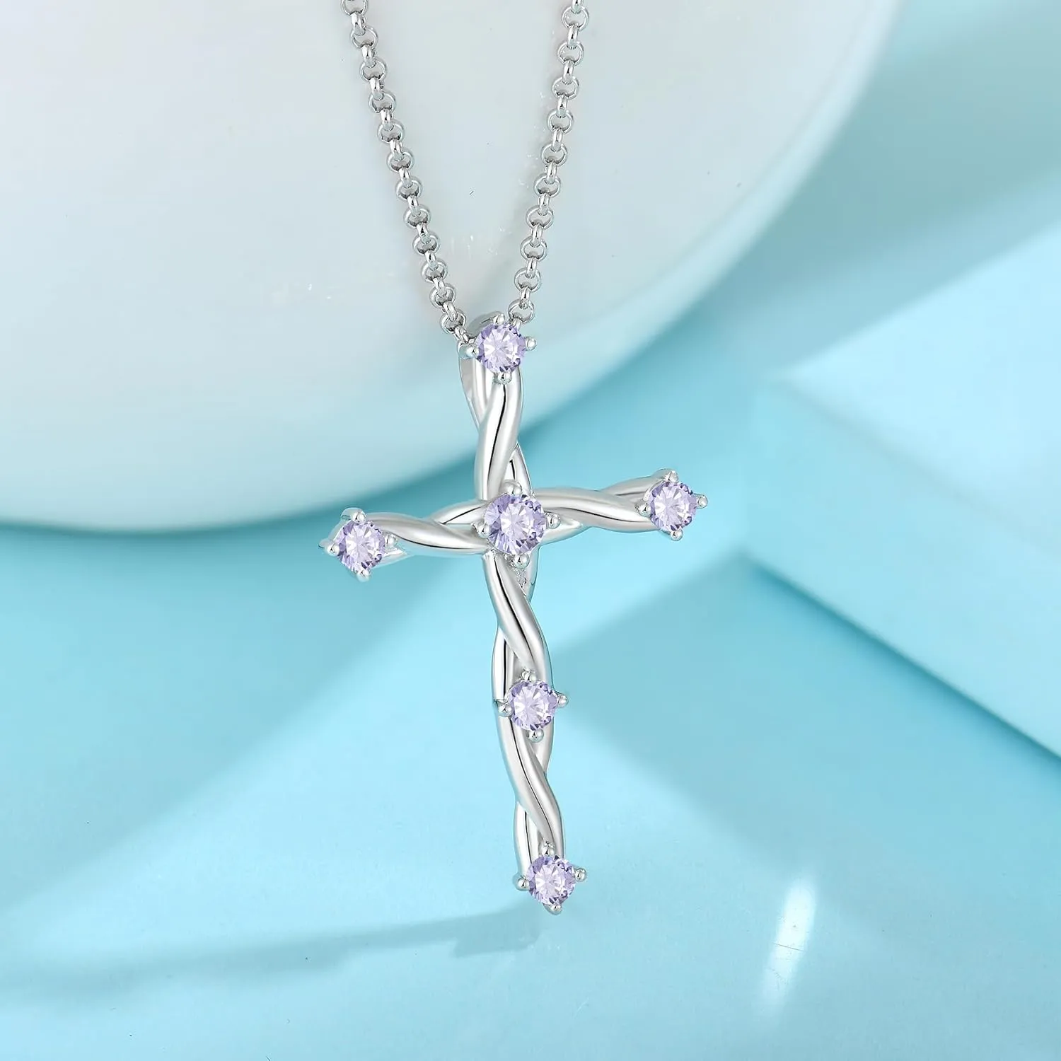 Cross Necklace for Women 925 Sterling Silver Birthstone Cross Pendant Necklaces Religious Christian Baptism Jewelry