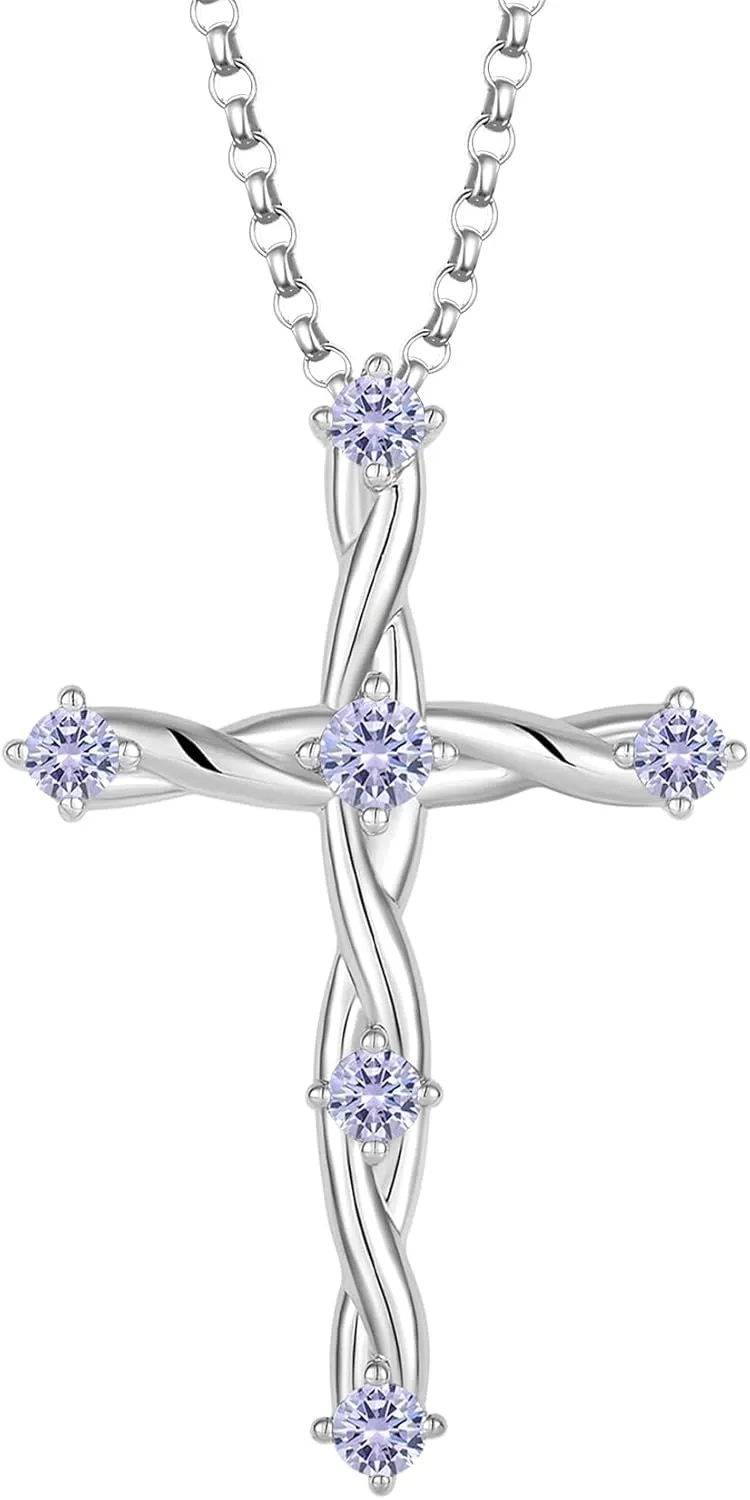 Cross Necklace for Women 925 Sterling Silver Birthstone Cross Pendant Necklaces Religious Christian Baptism Jewelry