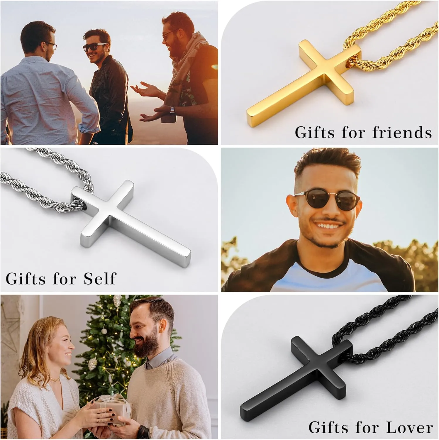 Cross Necklace - Stainless Steel Black Silver Gold Cross Pendant, Men's 16-24 Inch Rope Chain