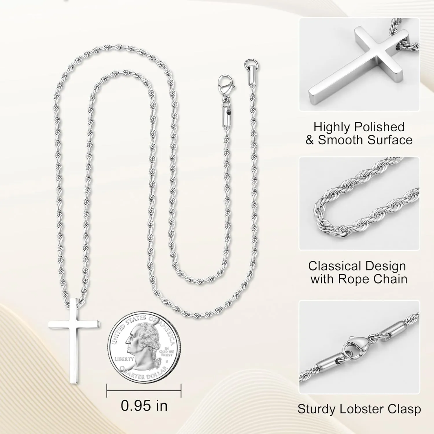 Cross Necklace - Stainless Steel Black Silver Gold Cross Pendant, Men's 16-24 Inch Rope Chain